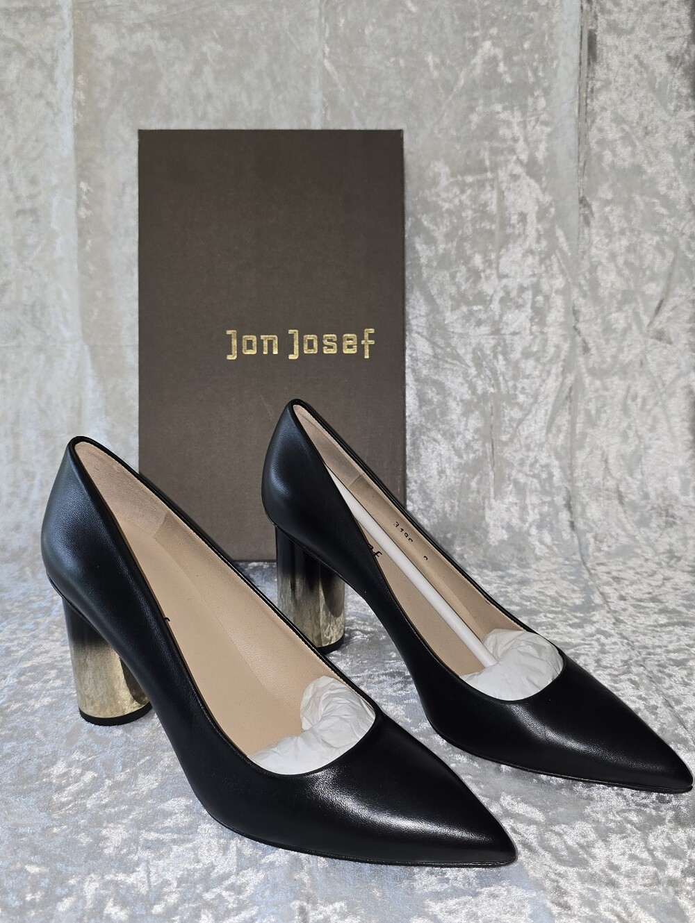 Jon Josef Pull Black Leather Pointed-Toe Pumps with Metallic Block Heel